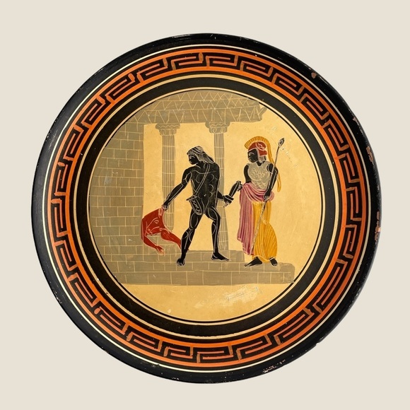 Greek Warriors Plate Greece Terra Cotta Pottery Handmade 1960s